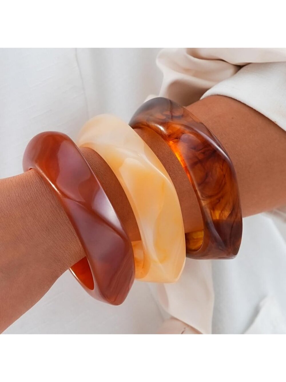 Women's Brown Chunky Resin Acrylic Geometric Bangle Bracelets Stackable Jewelry - Picture 2 of 7